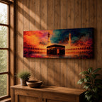 Panoramic artwork depicting the Kaaba in Mecca inside Masjid al-Haram surrounded by mosque arches and minarets with dramatic abstract sunset colors and glowing atmospheric light.