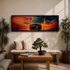Panoramic artwork depicting the Kaaba in Mecca inside Masjid al-Haram surrounded by mosque arches and minarets with dramatic abstract sunset colors and glowing atmospheric light.