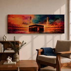 Panoramic artwork depicting the Kaaba in Mecca inside Masjid al-Haram surrounded by mosque arches and minarets with dramatic abstract sunset colors and glowing atmospheric light.