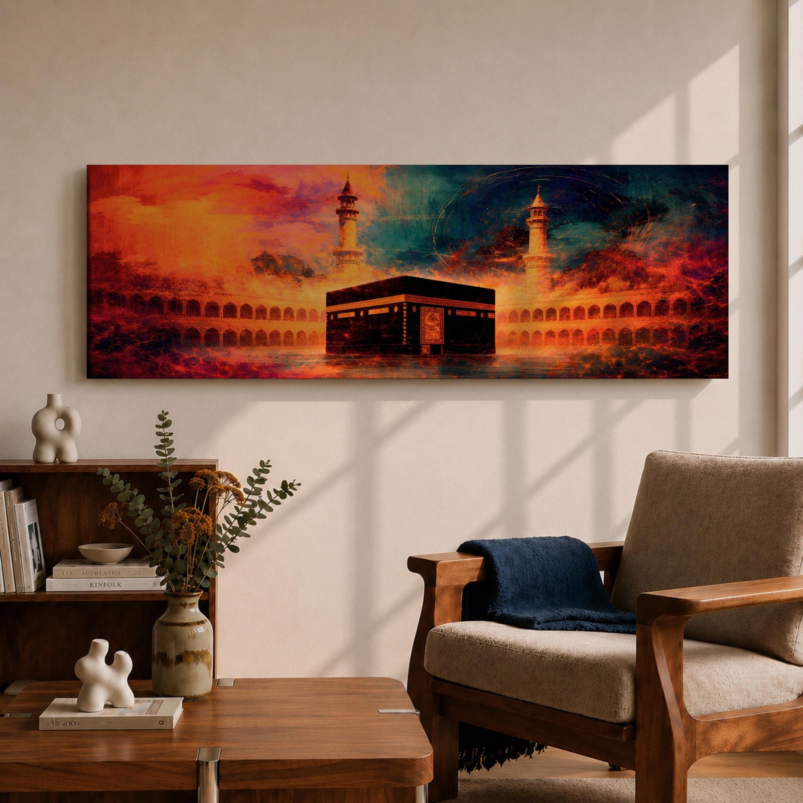 Panoramic artwork depicting the Kaaba in Mecca inside Masjid al-Haram surrounded by mosque arches and minarets with dramatic abstract sunset colors and glowing atmospheric light.