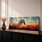 A panoramic painting of a white horse standing gracefully in a vibrant field of red poppies and wildflowers beneath a dramatic sky filled with soft clouds and warm sunlight, the horse’s flowing mane catching the light as it looks calmly across the meadow, rendered in a luminous painterly style with rich contrast between the bright flowers and the pale coat.