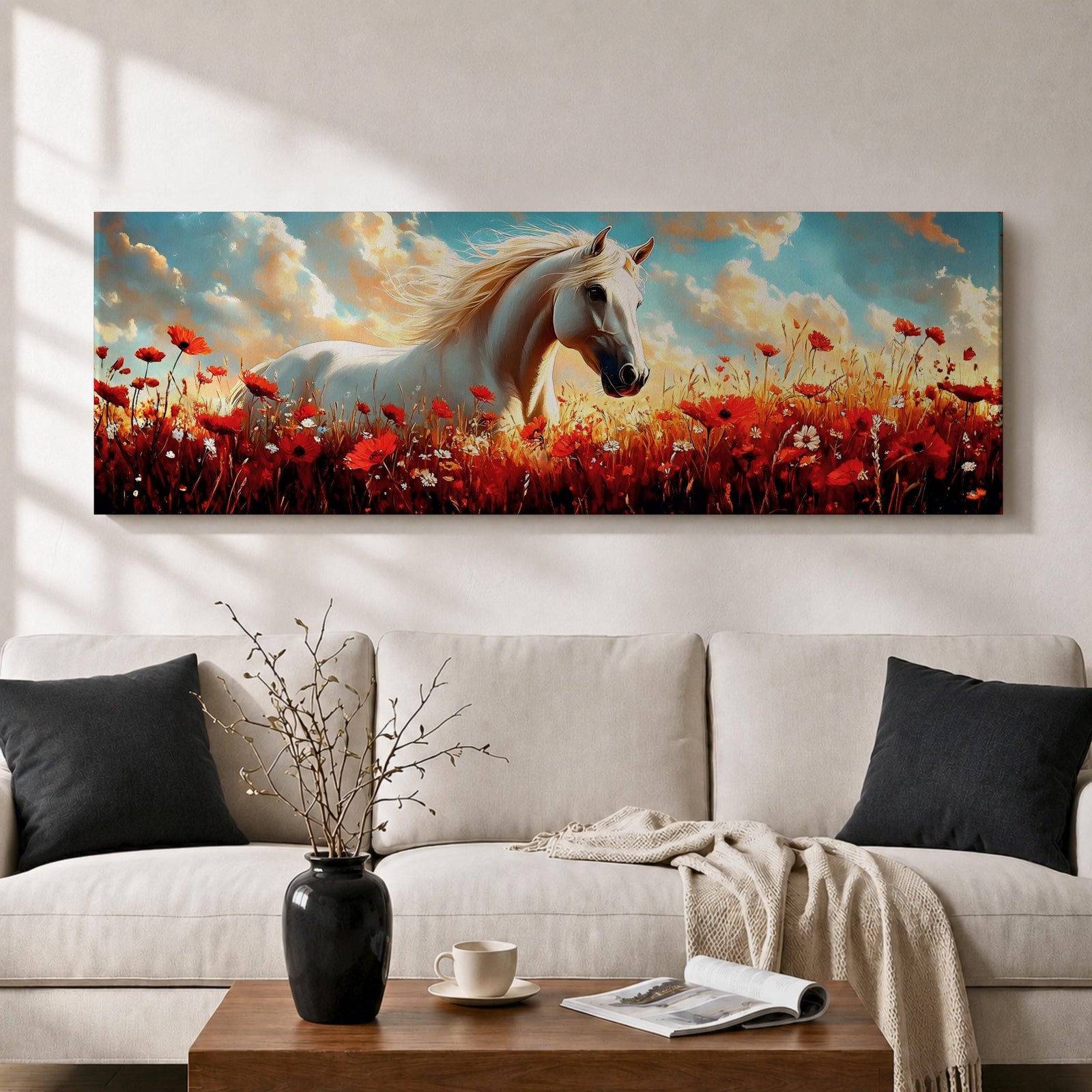 A panoramic painting of a white horse standing gracefully in a vibrant field of red poppies and wildflowers beneath a dramatic sky filled with soft clouds and warm sunlight, the horse’s flowing mane catching the light as it looks calmly across the meadow, rendered in a luminous painterly style with rich contrast between the bright flowers and the pale coat.