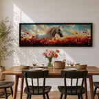 A panoramic painting of a white horse standing gracefully in a vibrant field of red poppies and wildflowers beneath a dramatic sky filled with soft clouds and warm sunlight, the horse’s flowing mane catching the light as it looks calmly across the meadow, rendered in a luminous painterly style with rich contrast between the bright flowers and the pale coat.