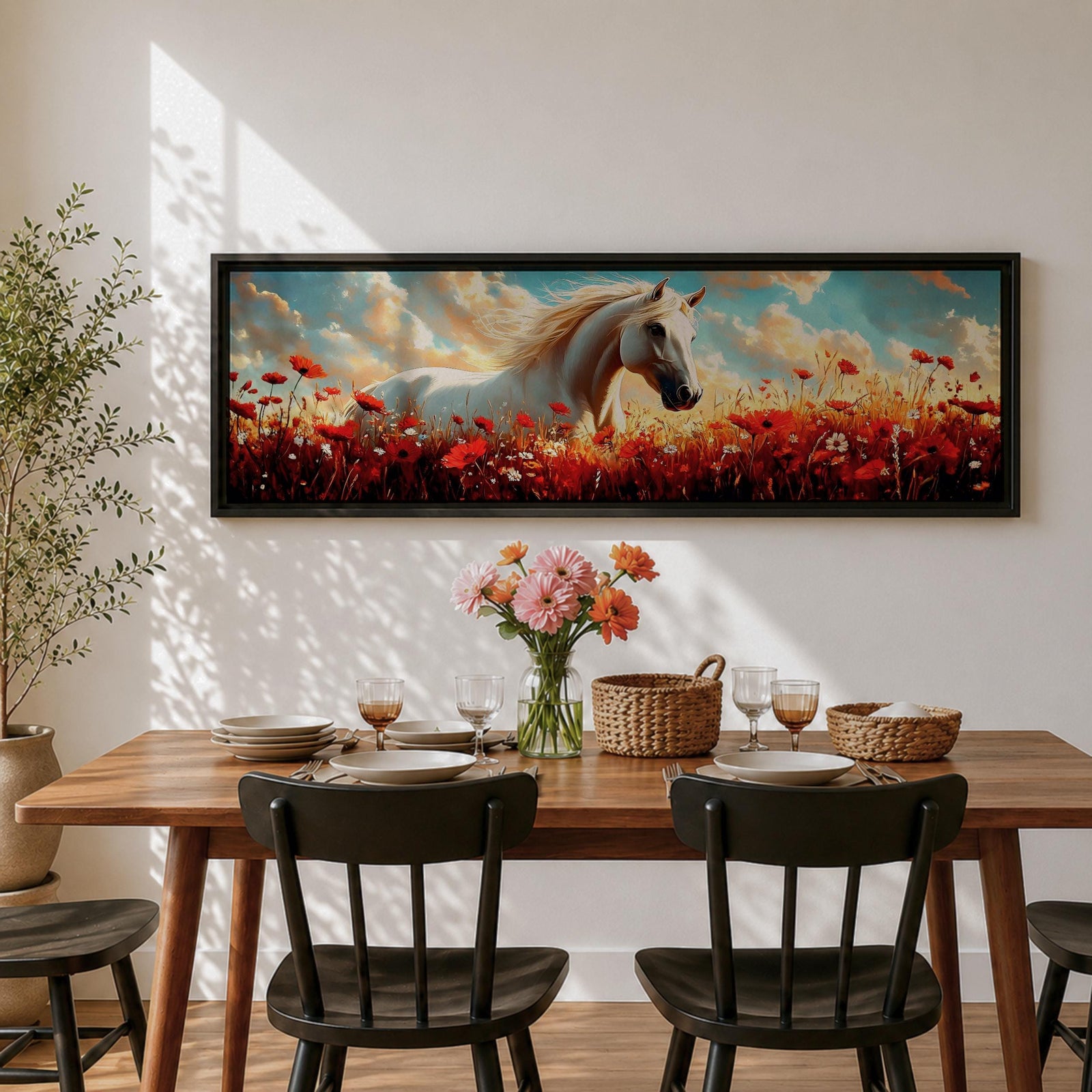A panoramic painting of a white horse standing gracefully in a vibrant field of red poppies and wildflowers beneath a dramatic sky filled with soft clouds and warm sunlight, the horse’s flowing mane catching the light as it looks calmly across the meadow, rendered in a luminous painterly style with rich contrast between the bright flowers and the pale coat.