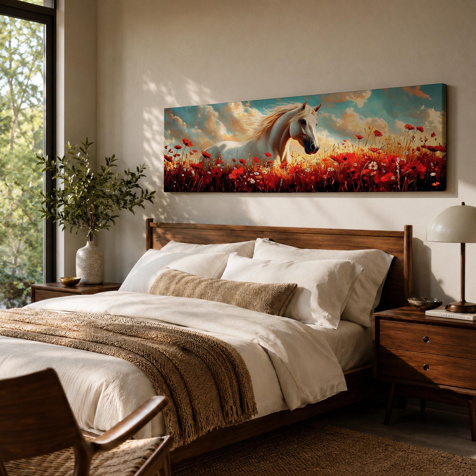 A panoramic painting of a white horse standing gracefully in a vibrant field of red poppies and wildflowers beneath a dramatic sky filled with soft clouds and warm sunlight, the horse’s flowing mane catching the light as it looks calmly across the meadow, rendered in a luminous painterly style with rich contrast between the bright flowers and the pale coat.