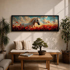 A panoramic painting of a white horse standing gracefully in a vibrant field of red poppies and wildflowers beneath a dramatic sky filled with soft clouds and warm sunlight, the horse’s flowing mane catching the light as it looks calmly across the meadow, rendered in a luminous painterly style with rich contrast between the bright flowers and the pale coat.
