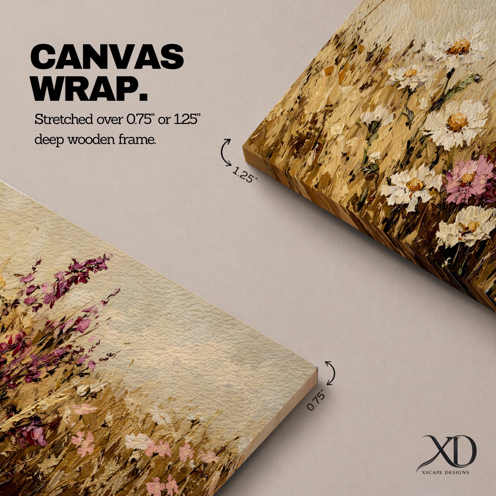 A long panoramic painting of a wildflower meadow filled with white daisies and pink blossoms rising from golden grasses, rendered with thick textured brushstrokes in a painterly style, where warm earthy tones blend with soft creams and blush pinks to create a natural field scene stretching across the horizontal composition.