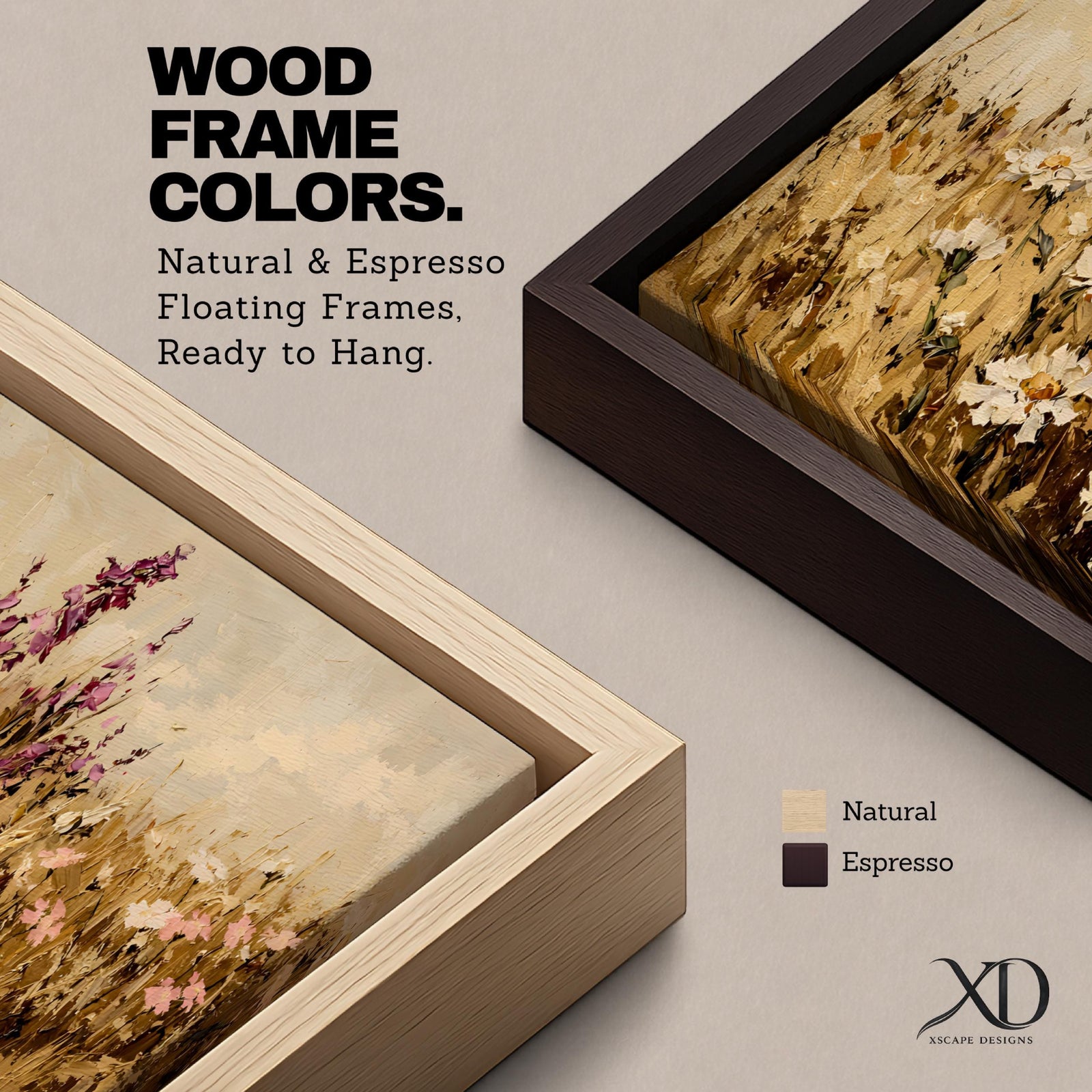 A long panoramic painting of a wildflower meadow filled with white daisies and pink blossoms rising from golden grasses, rendered with thick textured brushstrokes in a painterly style, where warm earthy tones blend with soft creams and blush pinks to create a natural field scene stretching across the horizontal composition.