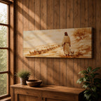 A panoramic painting of Jesus walking along a dusty hillside guiding a long line of sheep across a warm desert landscape, depicted from behind in flowing robes as the flock follows along the path beneath a soft glowing sky, rendered in a calm painterly style with earthy tones and gentle light across the scene.
