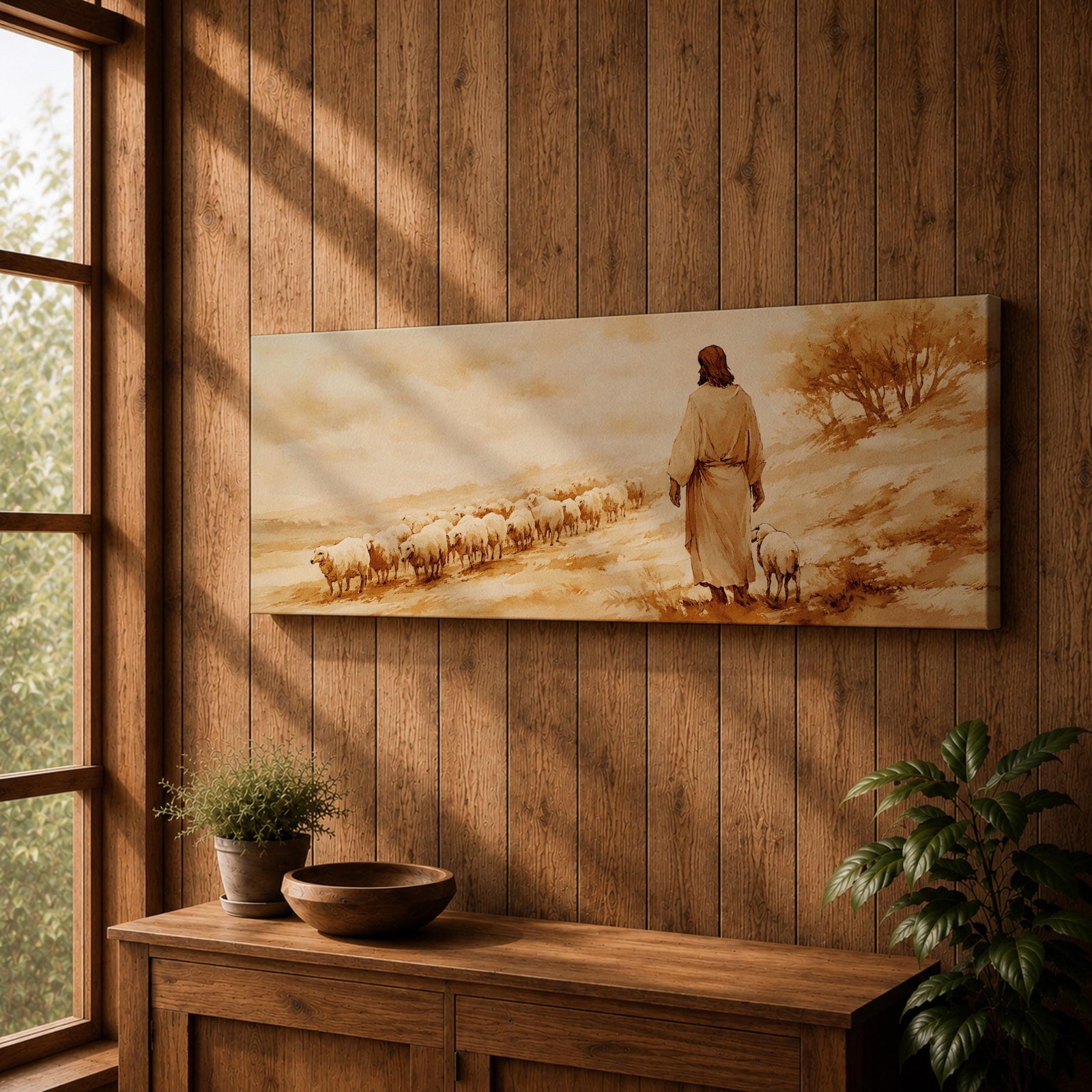 A panoramic painting of Jesus walking along a dusty hillside guiding a long line of sheep across a warm desert landscape, depicted from behind in flowing robes as the flock follows along the path beneath a soft glowing sky, rendered in a calm painterly style with earthy tones and gentle light across the scene.