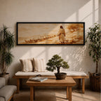 A panoramic painting of Jesus walking along a dusty hillside guiding a long line of sheep across a warm desert landscape, depicted from behind in flowing robes as the flock follows along the path beneath a soft glowing sky, rendered in a calm painterly style with earthy tones and gentle light across the scene.