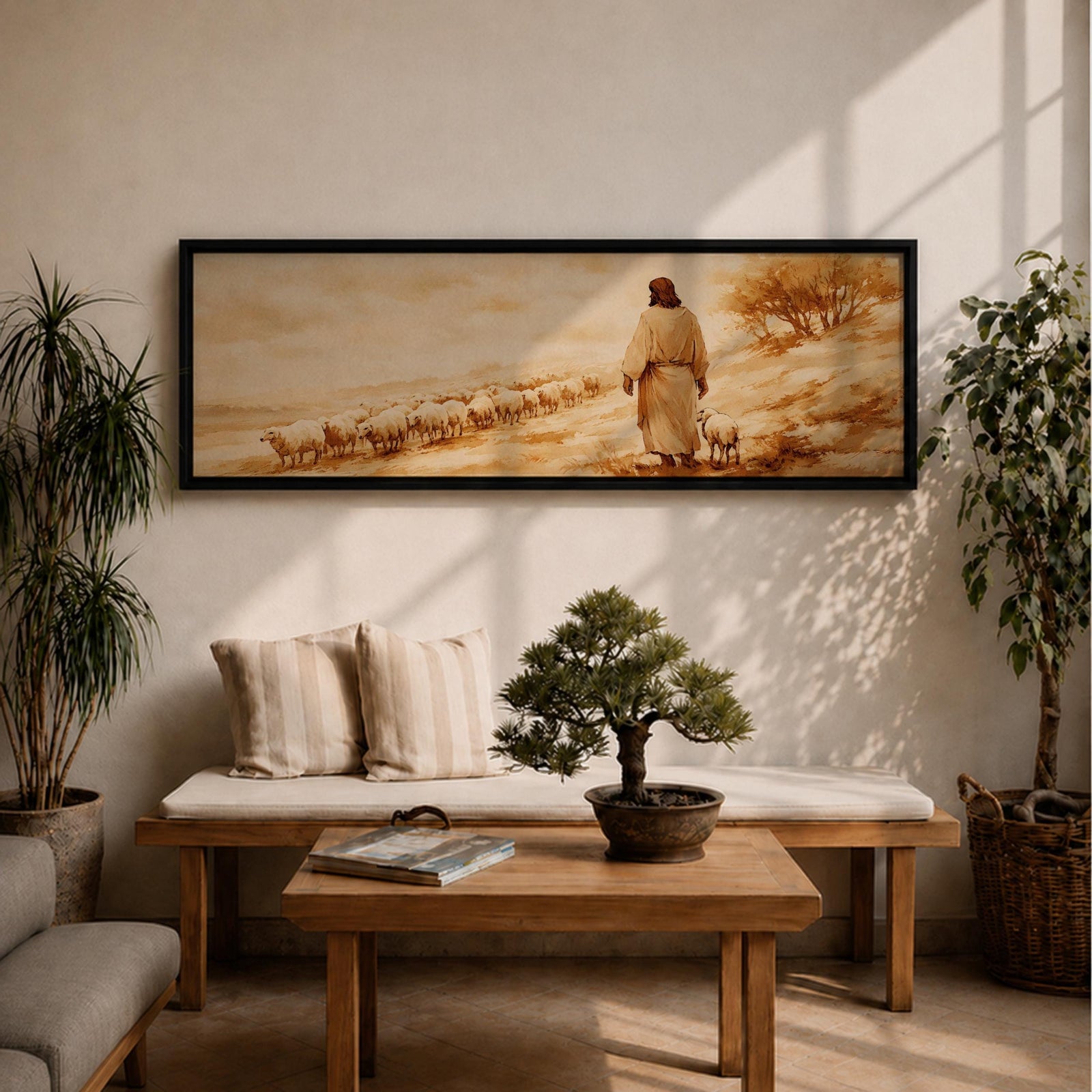 A panoramic painting of Jesus walking along a dusty hillside guiding a long line of sheep across a warm desert landscape, depicted from behind in flowing robes as the flock follows along the path beneath a soft glowing sky, rendered in a calm painterly style with earthy tones and gentle light across the scene.