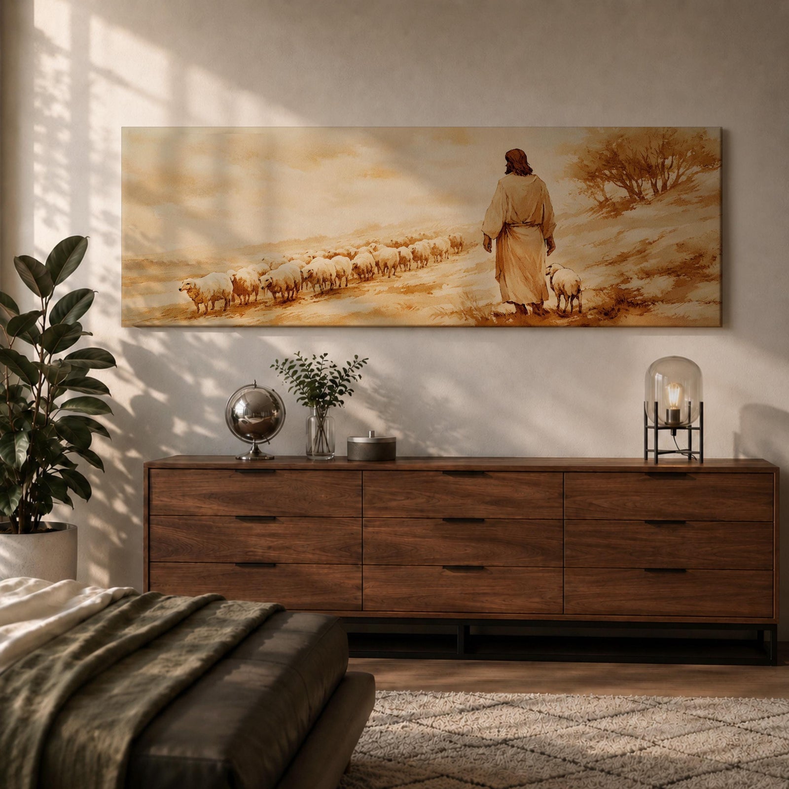 A panoramic painting of Jesus walking along a dusty hillside guiding a long line of sheep across a warm desert landscape, depicted from behind in flowing robes as the flock follows along the path beneath a soft glowing sky, rendered in a calm painterly style with earthy tones and gentle light across the scene.