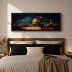 A panoramic night painting of the golden Dome of the Rock within the Masjid Al Aqsa complex rising above the historic stone walls of Jerusalem, glowing beneath a deep blue sky filled with bright stars, with surrounding mosque architecture and a distant minaret rendered in warm golden tones against the dark celestial backdrop.