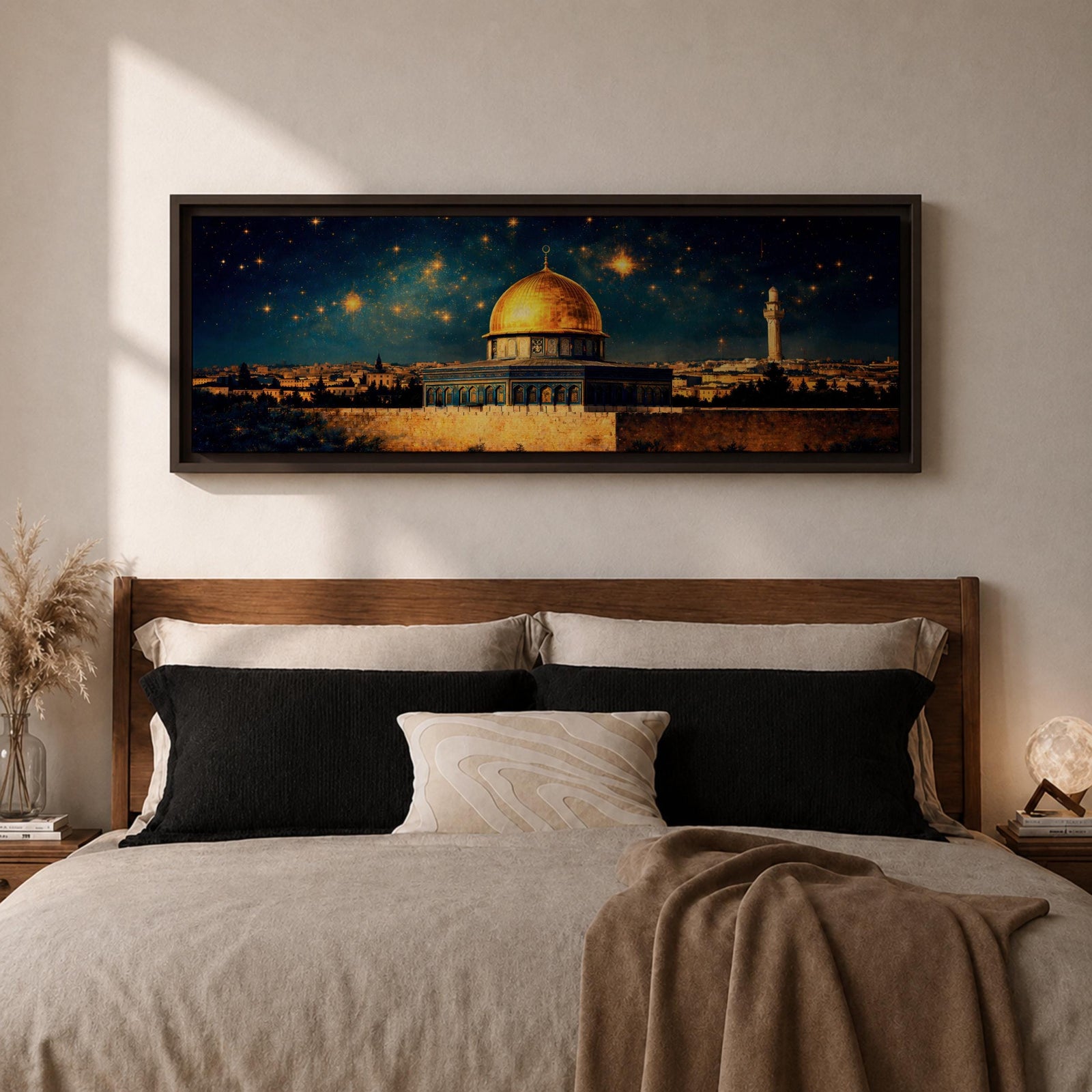 A panoramic night painting of the golden Dome of the Rock within the Masjid Al Aqsa complex rising above the historic stone walls of Jerusalem, glowing beneath a deep blue sky filled with bright stars, with surrounding mosque architecture and a distant minaret rendered in warm golden tones against the dark celestial backdrop.