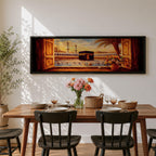 A panoramic painting of the Kaaba at the center of Masjid al Haram in Mecca viewed through open wooden window shutters, with a palm tree and flowers in the foreground while thousands of worshippers gather around the sacred structure, illuminated by warm sunlight beneath a softly glowing sky.