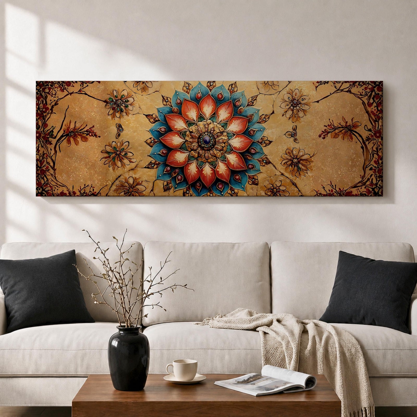 A panoramic ornamental painting featuring a detailed Islamic mandala with layered floral petals and geometric arabesque patterns radiating from a central rosette, rendered in rich turquoise, coral, and gold tones against a textured warm background with symmetrical decorative motifs extending across the horizontal composition.