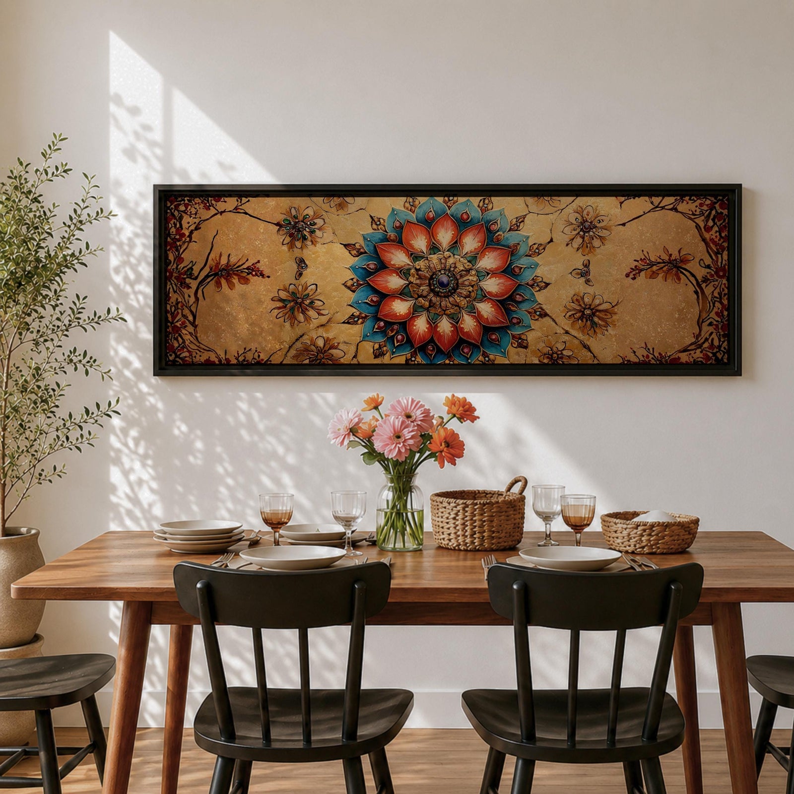 A panoramic ornamental painting featuring a detailed Islamic mandala with layered floral petals and geometric arabesque patterns radiating from a central rosette, rendered in rich turquoise, coral, and gold tones against a textured warm background with symmetrical decorative motifs extending across the horizontal composition.