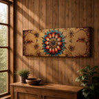 A panoramic ornamental painting featuring a detailed Islamic mandala with layered floral petals and geometric arabesque patterns radiating from a central rosette, rendered in rich turquoise, coral, and gold tones against a textured warm background with symmetrical decorative motifs extending across the horizontal composition.
