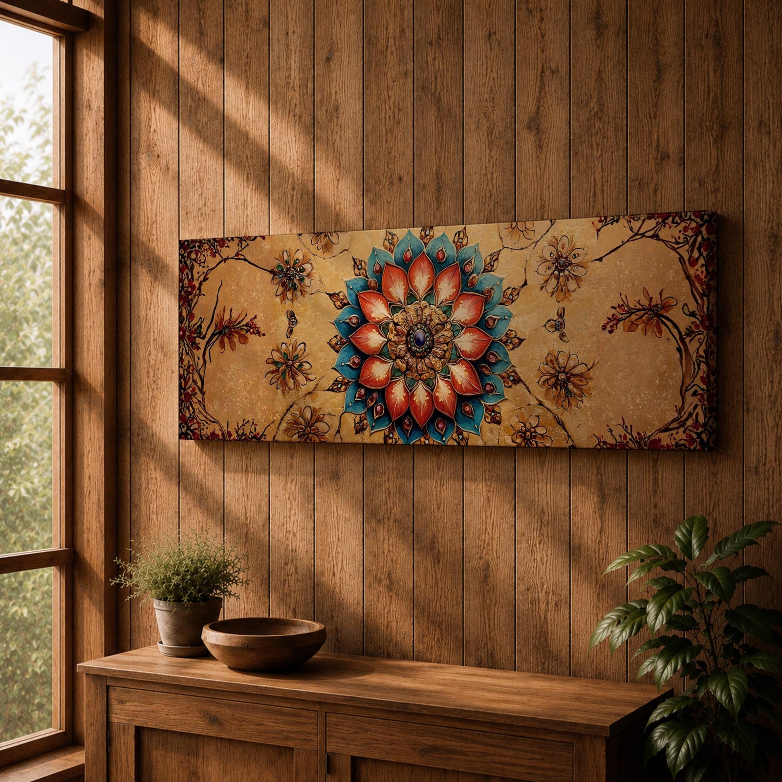 A panoramic ornamental painting featuring a detailed Islamic mandala with layered floral petals and geometric arabesque patterns radiating from a central rosette, rendered in rich turquoise, coral, and gold tones against a textured warm background with symmetrical decorative motifs extending across the horizontal composition.