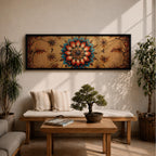 A panoramic ornamental painting featuring a detailed Islamic mandala with layered floral petals and geometric arabesque patterns radiating from a central rosette, rendered in rich turquoise, coral, and gold tones against a textured warm background with symmetrical decorative motifs extending across the horizontal composition.