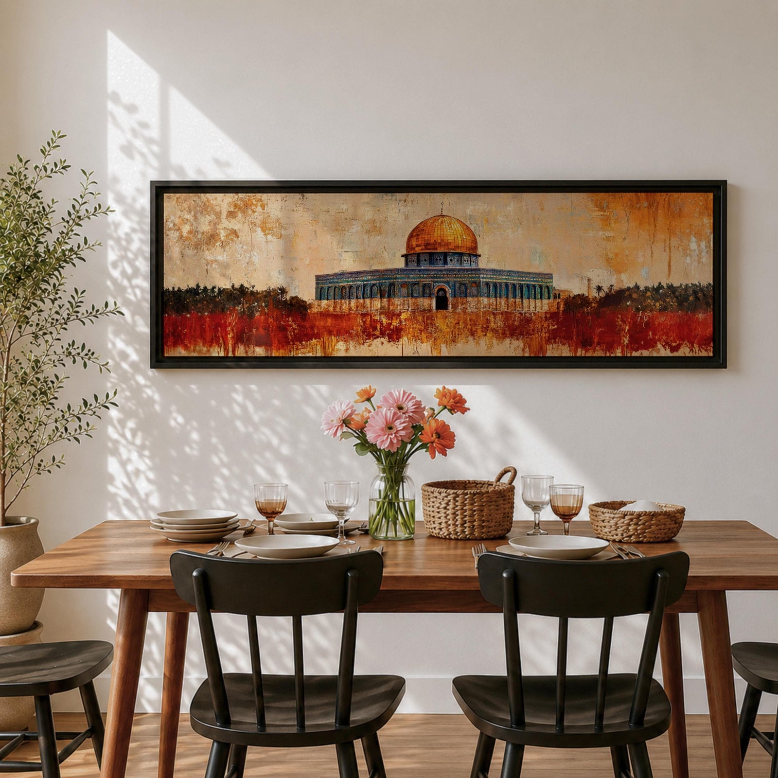 A panoramic abstract painting of the Dome of the Rock with its golden dome rising above the historic structure, rendered in textured brushstrokes with warm ochre, rust, and gold tones blending into a distressed background while dark silhouettes of trees and landscape stretch across the horizontal composition.