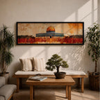 A panoramic abstract painting of the Dome of the Rock with its golden dome rising above the historic structure, rendered in textured brushstrokes with warm ochre, rust, and gold tones blending into a distressed background while dark silhouettes of trees and landscape stretch across the horizontal composition.