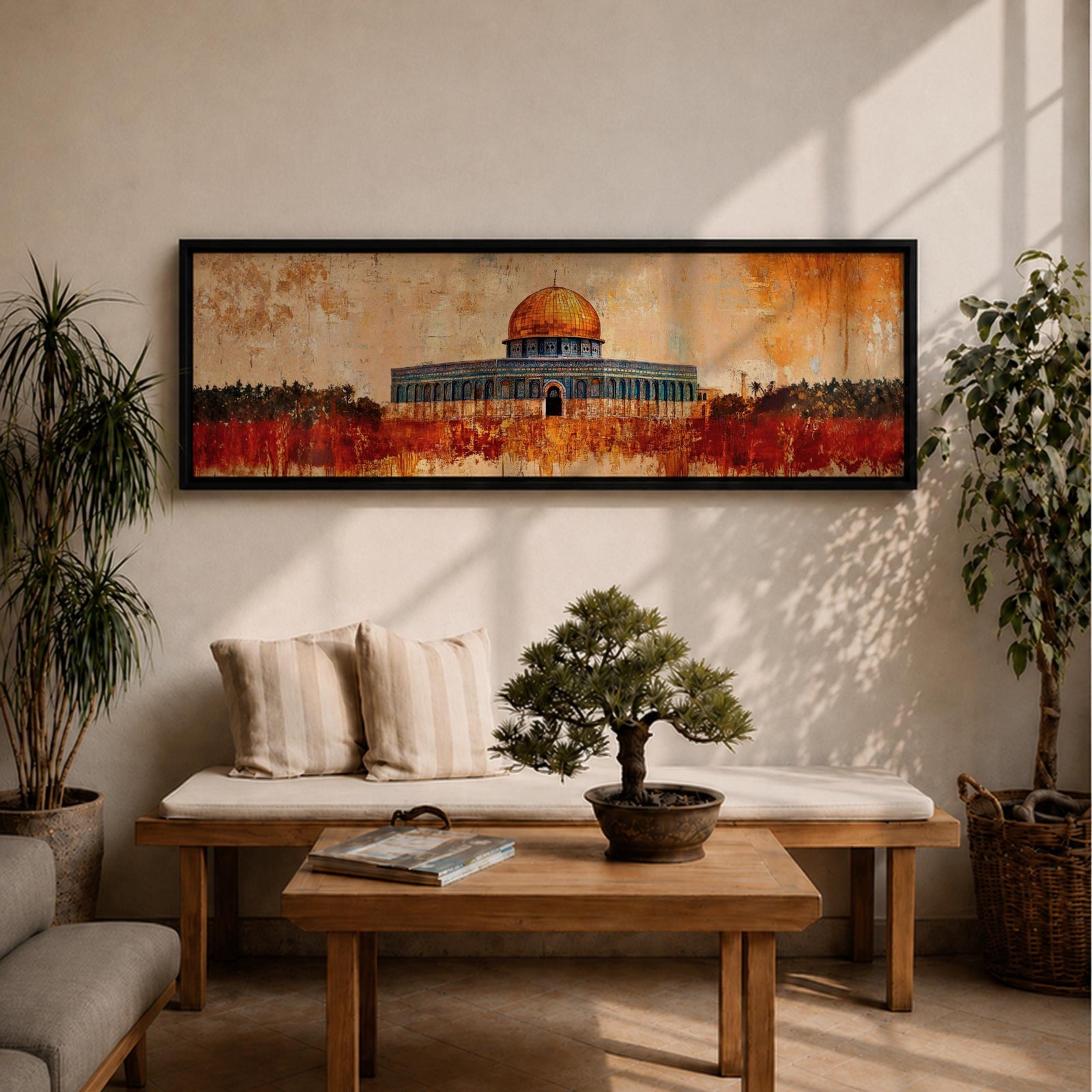 A panoramic abstract painting of the Dome of the Rock with its golden dome rising above the historic structure, rendered in textured brushstrokes with warm ochre, rust, and gold tones blending into a distressed background while dark silhouettes of trees and landscape stretch across the horizontal composition.