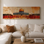 A panoramic abstract painting of the Dome of the Rock with its golden dome rising above the historic structure, rendered in textured brushstrokes with warm ochre, rust, and gold tones blending into a distressed background while dark silhouettes of trees and landscape stretch across the horizontal composition.