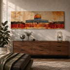 A panoramic abstract painting of the Dome of the Rock with its golden dome rising above the historic structure, rendered in textured brushstrokes with warm ochre, rust, and gold tones blending into a distressed background while dark silhouettes of trees and landscape stretch across the horizontal composition.