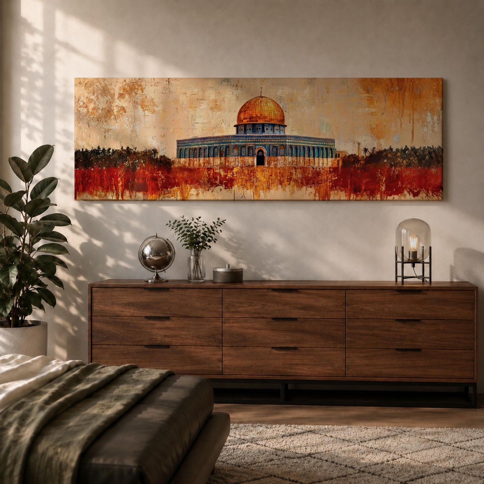 A panoramic abstract painting of the Dome of the Rock with its golden dome rising above the historic structure, rendered in textured brushstrokes with warm ochre, rust, and gold tones blending into a distressed background while dark silhouettes of trees and landscape stretch across the horizontal composition.