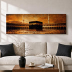 A panoramic vintage style painting of the Kaaba at the center of Masjid al Haram in Mecca surrounded by sweeping arcades and tall minarets, with large crowds of worshippers gathered around the sacred cube beneath a warm sepia sky that creates an aged historic atmosphere across the wide composition.
