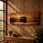 A panoramic vintage style painting of the Kaaba at the center of Masjid al Haram in Mecca surrounded by sweeping arcades and tall minarets, with large crowds of worshippers gathered around the sacred cube beneath a warm sepia sky that creates an aged historic atmosphere across the wide composition.