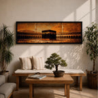 A panoramic vintage style painting of the Kaaba at the center of Masjid al Haram in Mecca surrounded by sweeping arcades and tall minarets, with large crowds of worshippers gathered around the sacred cube beneath a warm sepia sky that creates an aged historic atmosphere across the wide composition.