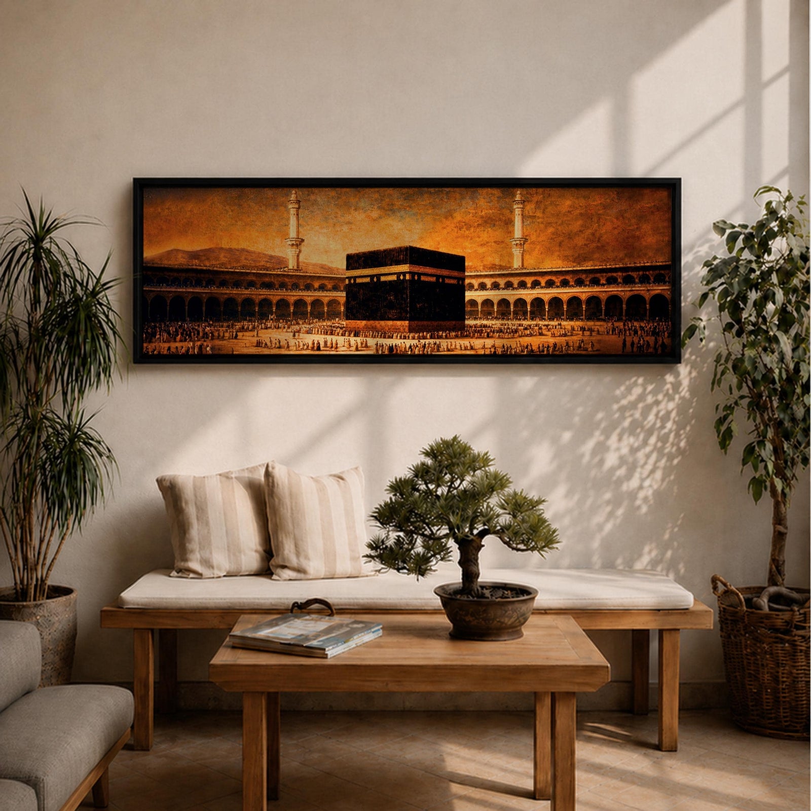 A panoramic vintage style painting of the Kaaba at the center of Masjid al Haram in Mecca surrounded by sweeping arcades and tall minarets, with large crowds of worshippers gathered around the sacred cube beneath a warm sepia sky that creates an aged historic atmosphere across the wide composition.