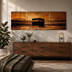 A panoramic vintage style painting of the Kaaba at the center of Masjid al Haram in Mecca surrounded by sweeping arcades and tall minarets, with large crowds of worshippers gathered around the sacred cube beneath a warm sepia sky that creates an aged historic atmosphere across the wide composition.