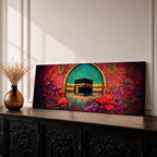 A vibrant panoramic painting of the Kaaba at the center of Masjid Al Haram in Mecca framed by a decorative Islamic arch and surrounded by rich fields of red and pink flowers, with intricate ornamental patterns and crowds of worshippers gathered around the sacred structure beneath a bright turquoise sky.