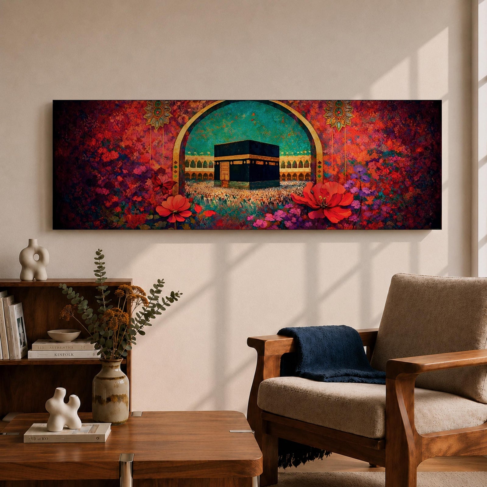 A vibrant panoramic painting of the Kaaba at the center of Masjid Al Haram in Mecca framed by a decorative Islamic arch and surrounded by rich fields of red and pink flowers, with intricate ornamental patterns and crowds of worshippers gathered around the sacred structure beneath a bright turquoise sky.