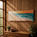 A panoramic textured painting of turquoise ocean waves rolling onto a sandy beach beneath a glowing sunset sky, with thick palette knife brushstrokes creating foamy white surf and layered teal water while warm orange light reflects across the horizon in a wide coastal seascape composition.