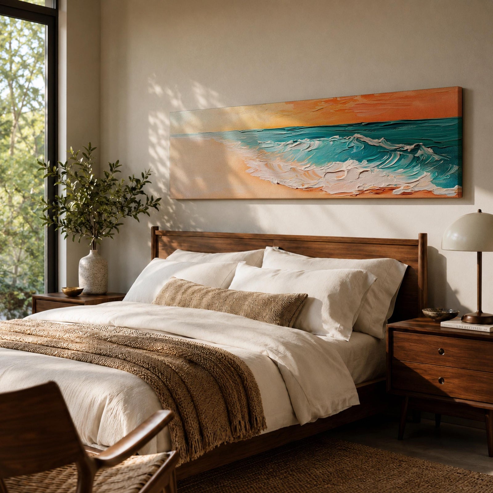 A panoramic textured painting of turquoise ocean waves rolling onto a sandy beach beneath a glowing sunset sky, with thick palette knife brushstrokes creating foamy white surf and layered teal water while warm orange light reflects across the horizon in a wide coastal seascape composition.