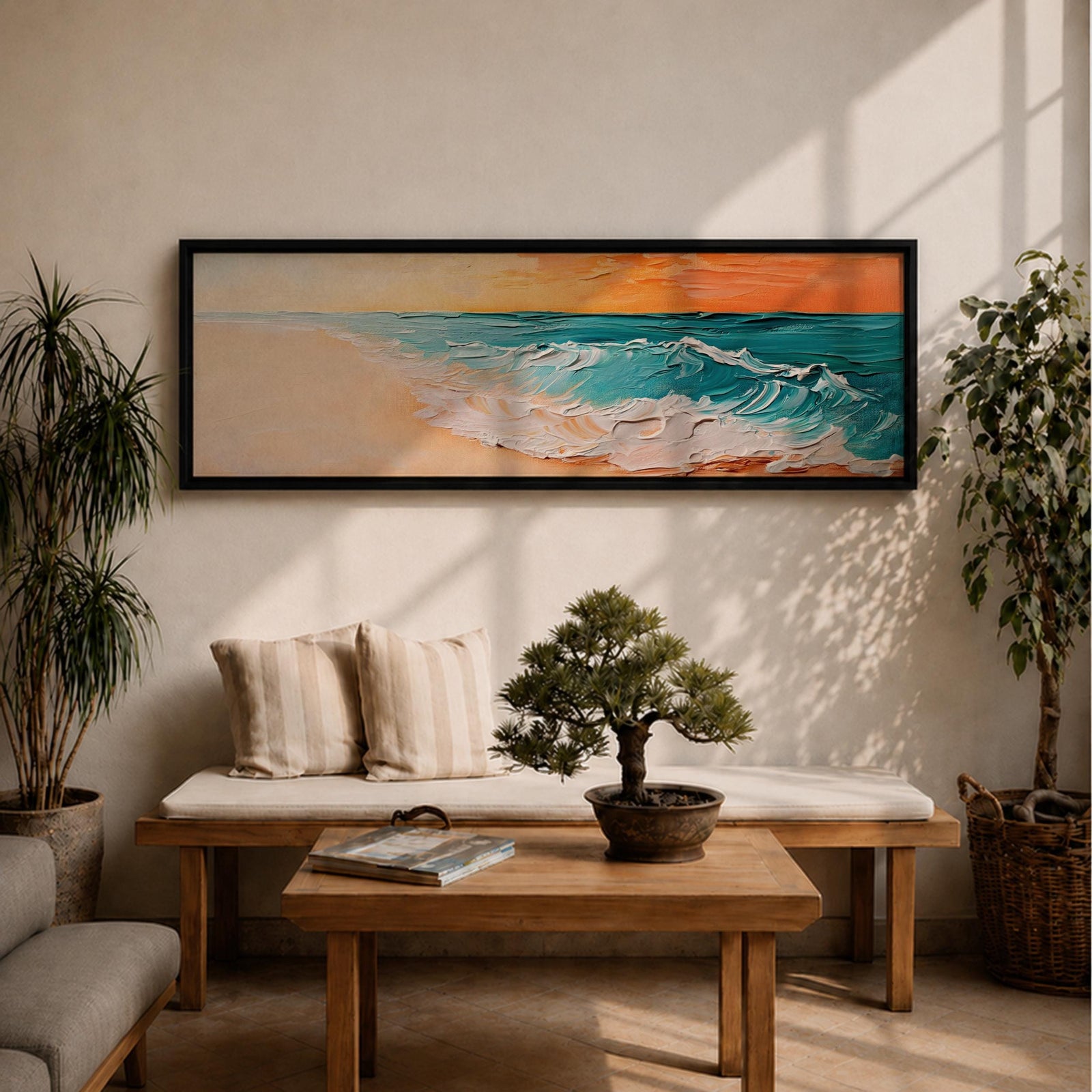 A panoramic textured painting of turquoise ocean waves rolling onto a sandy beach beneath a glowing sunset sky, with thick palette knife brushstrokes creating foamy white surf and layered teal water while warm orange light reflects across the horizon in a wide coastal seascape composition.
