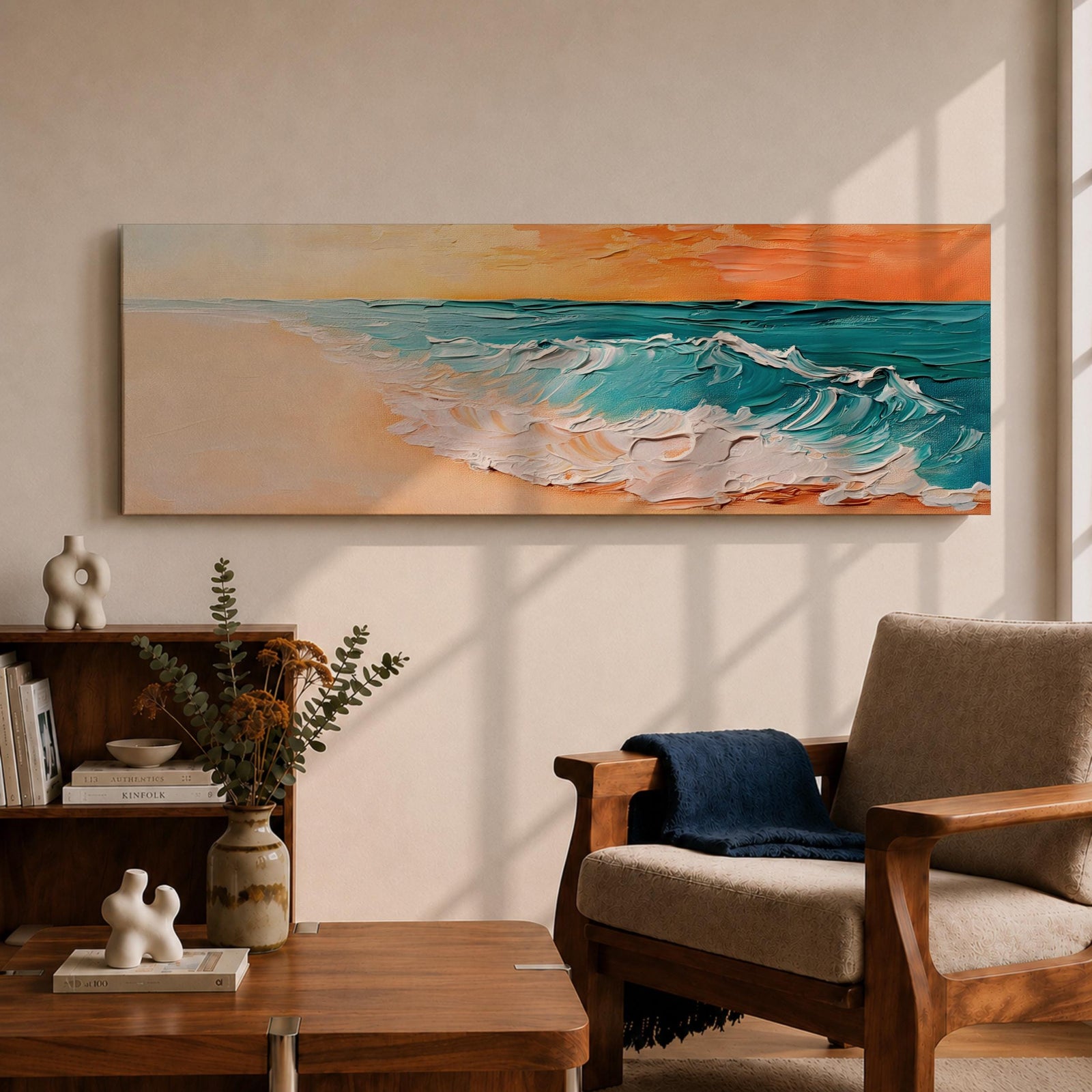 A panoramic textured painting of turquoise ocean waves rolling onto a sandy beach beneath a glowing sunset sky, with thick palette knife brushstrokes creating foamy white surf and layered teal water while warm orange light reflects across the horizon in a wide coastal seascape composition.