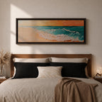 A panoramic textured painting of turquoise ocean waves rolling onto a sandy beach beneath a glowing sunset sky, with thick palette knife brushstrokes creating foamy white surf and layered teal water while warm orange light reflects across the horizon in a wide coastal seascape composition.