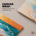 A panoramic textured painting of turquoise ocean waves rolling onto a sandy beach beneath a glowing sunset sky, with thick palette knife brushstrokes creating foamy white surf and layered teal water while warm orange light reflects across the horizon in a wide coastal seascape composition.