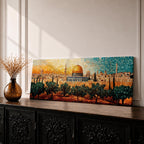 A panoramic mosaic style artwork of the Dome of the Rock with its golden dome rising above the Jerusalem skyline, constructed from small colorful tile-like shapes that form historic buildings, minarets, and olive trees in the foreground while warm golden and blue tones blend across the sky.