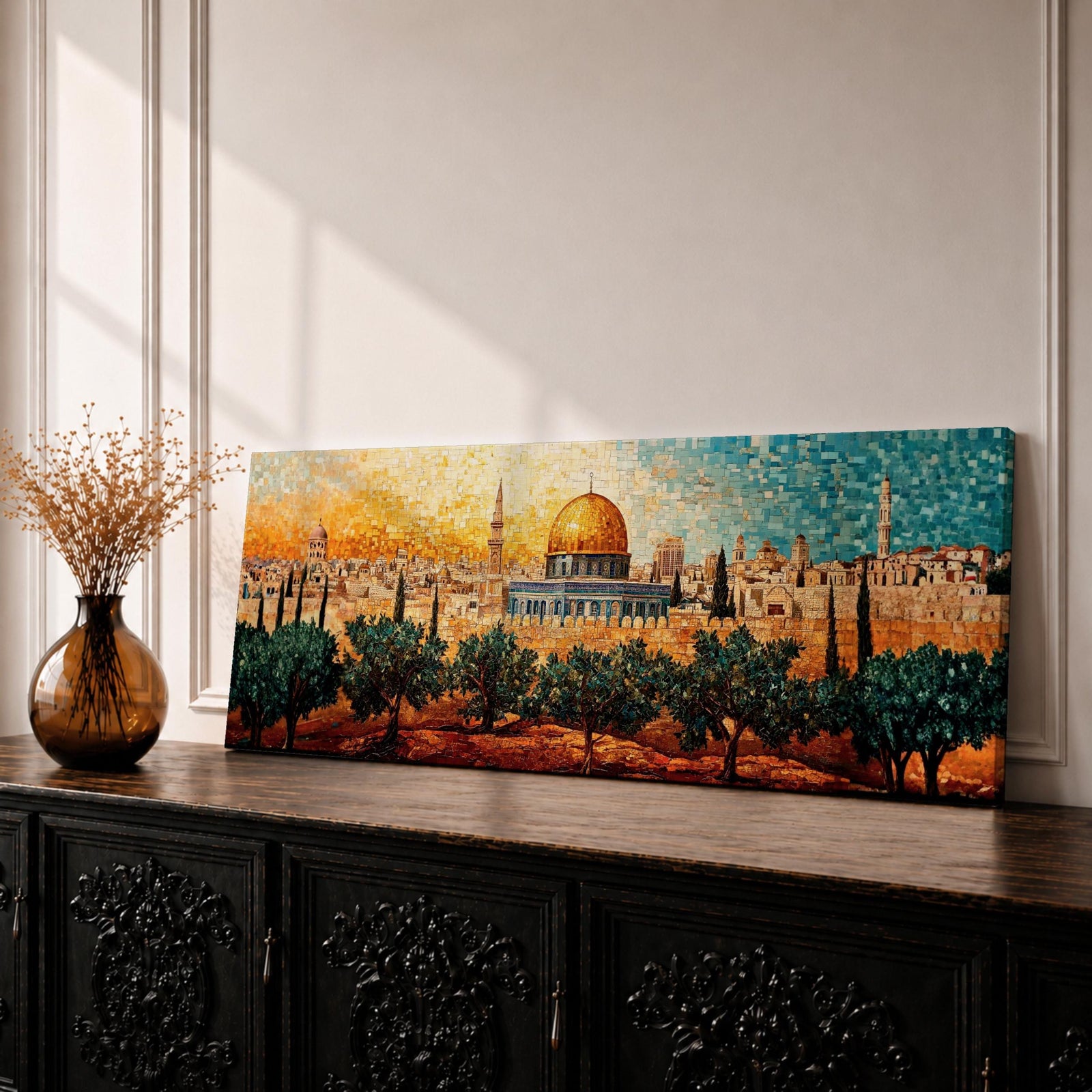 A panoramic mosaic style artwork of the Dome of the Rock with its golden dome rising above the Jerusalem skyline, constructed from small colorful tile-like shapes that form historic buildings, minarets, and olive trees in the foreground while warm golden and blue tones blend across the sky.
