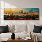 A panoramic mosaic style artwork of the Dome of the Rock with its golden dome rising above the Jerusalem skyline, constructed from small colorful tile-like shapes that form historic buildings, minarets, and olive trees in the foreground while warm golden and blue tones blend across the sky.