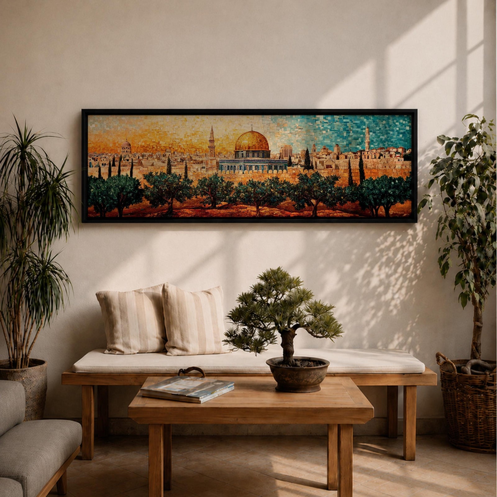 A panoramic mosaic style artwork of the Dome of the Rock with its golden dome rising above the Jerusalem skyline, constructed from small colorful tile-like shapes that form historic buildings, minarets, and olive trees in the foreground while warm golden and blue tones blend across the sky.