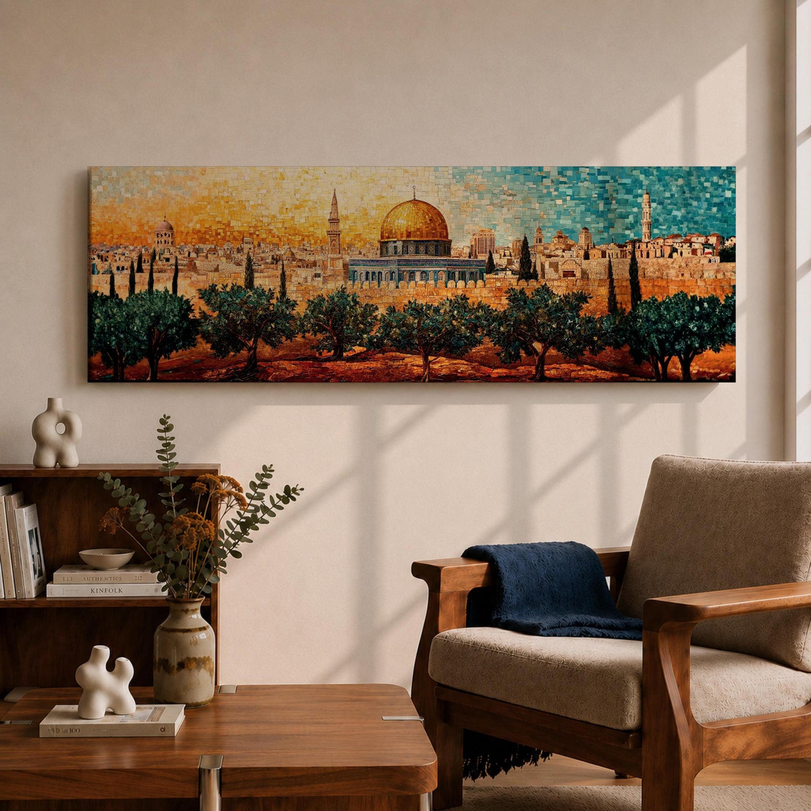 A panoramic mosaic style artwork of the Dome of the Rock with its golden dome rising above the Jerusalem skyline, constructed from small colorful tile-like shapes that form historic buildings, minarets, and olive trees in the foreground while warm golden and blue tones blend across the sky.