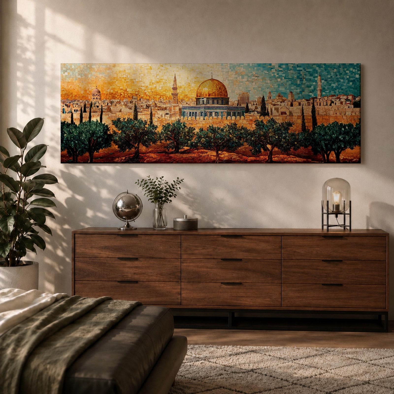 A panoramic mosaic style artwork of the Dome of the Rock with its golden dome rising above the Jerusalem skyline, constructed from small colorful tile-like shapes that form historic buildings, minarets, and olive trees in the foreground while warm golden and blue tones blend across the sky.